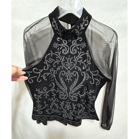 MSK Womens L‎ Black Beaded Sparkle With Mesh Sleeves Top - Picture 6 of 10